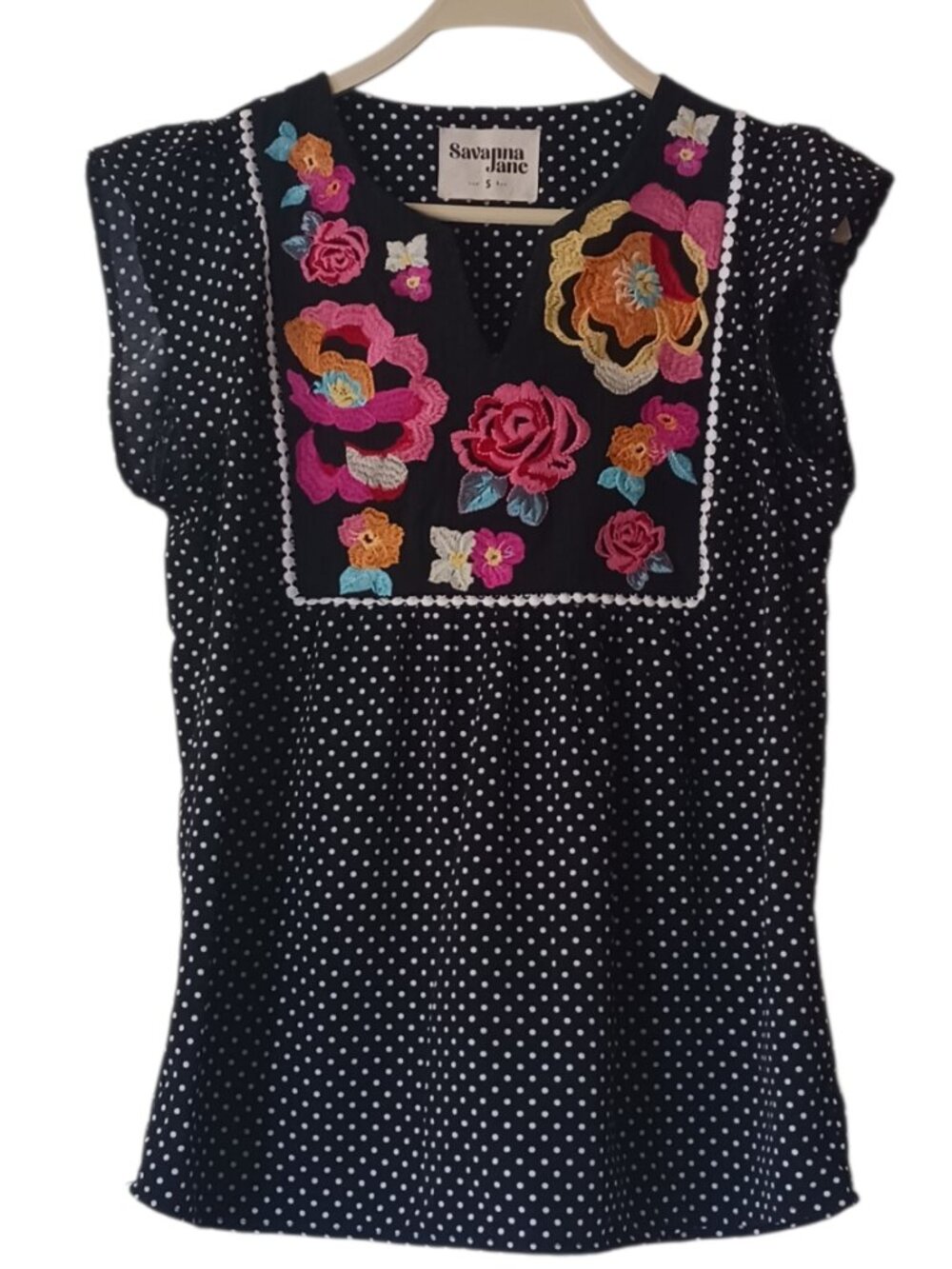 Savanna Jane Embroidered Polka Dot Top Size Small Boho Floral Blouse